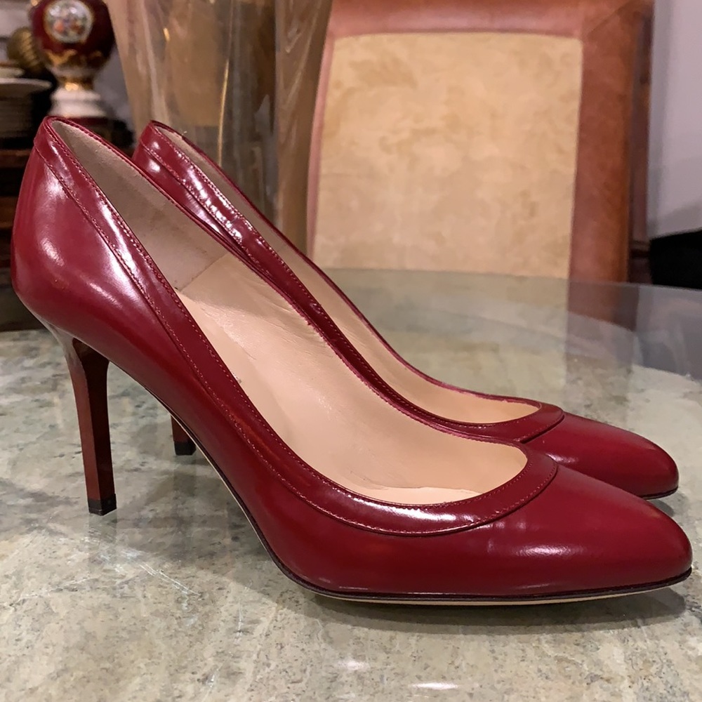 LIKE NEW Jimmy Choo Burgundy Patent Leather Pumps, Size 37.5. Heel Height 3”
